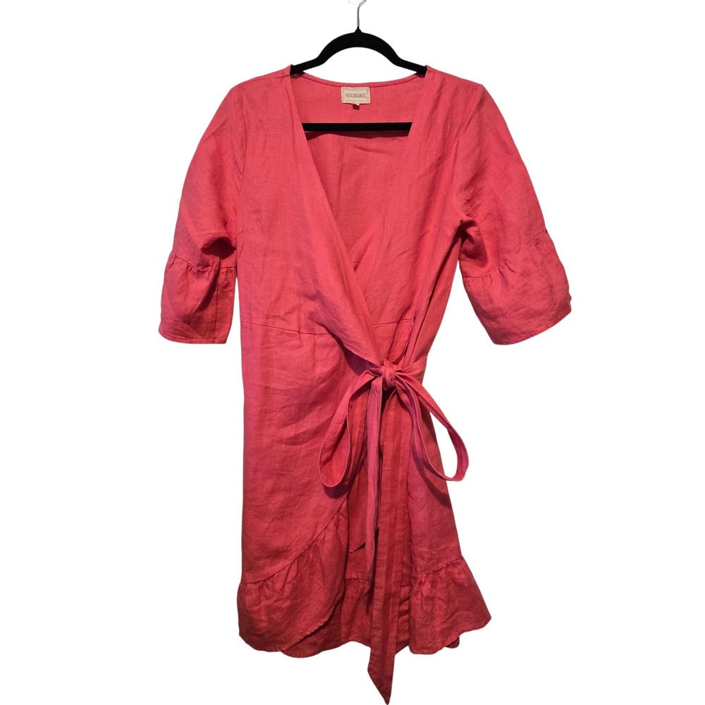 Anthropologie 4our Dreamers 100% Linen Faux Wrap Dress Womens S Coral Ruffle Hem